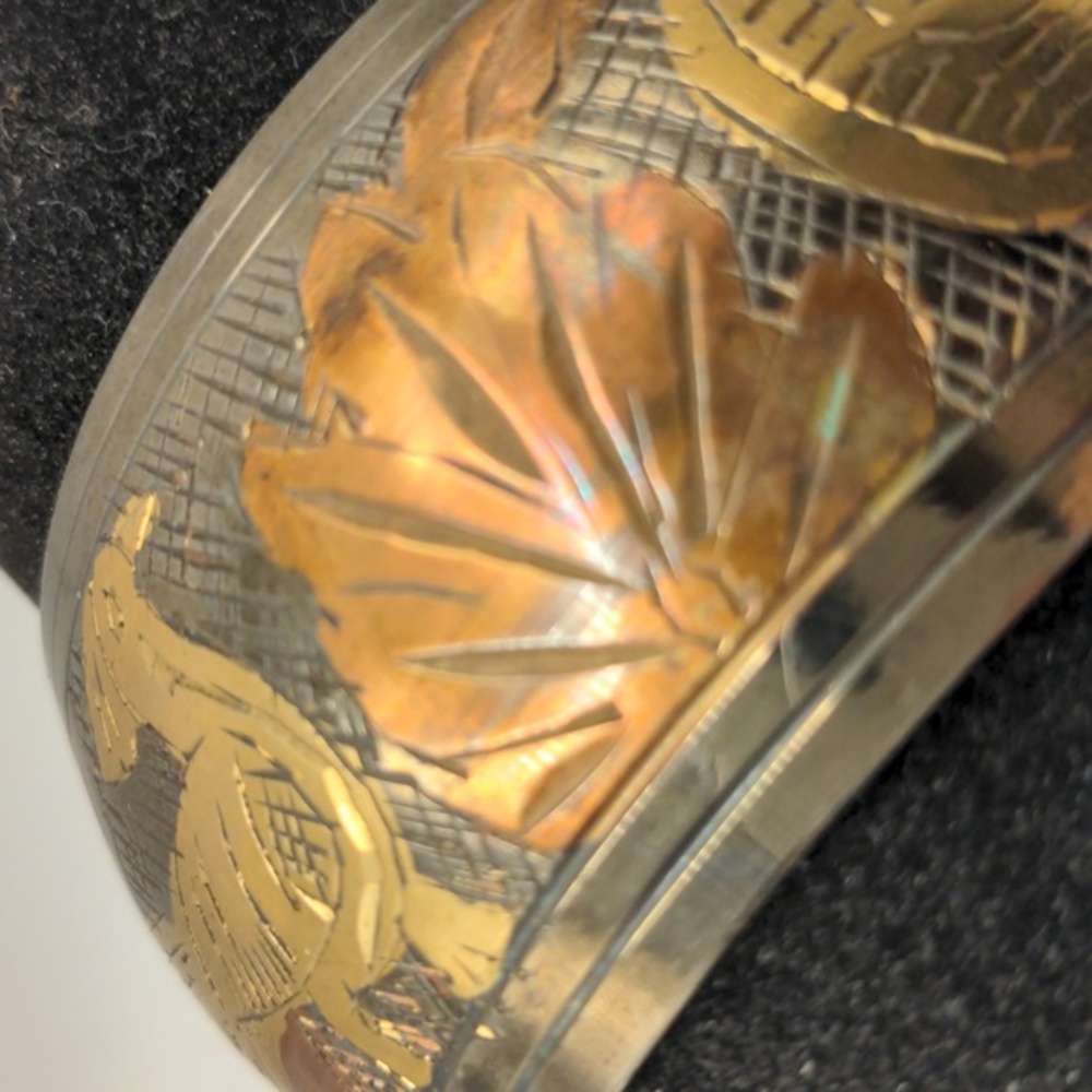 Vintage Gold Brass and Copper Bangle Bracelet  Wide.  Handcrafted  3" Across. - Picture 5 of 8